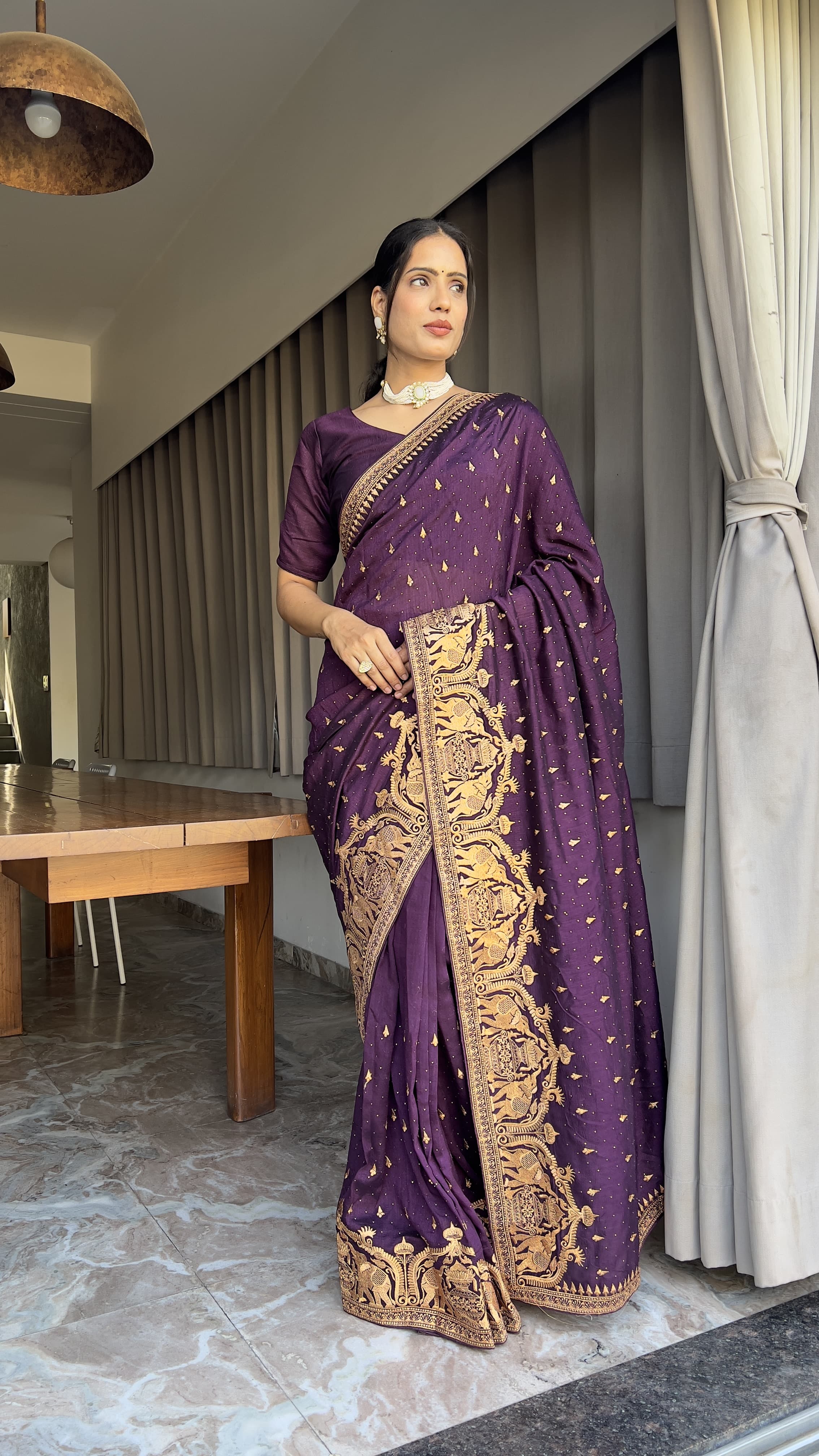 Designer Wine Color Wedding Saree Vichitra Silk Festival Sari Ready To Wear saree Indian Dress