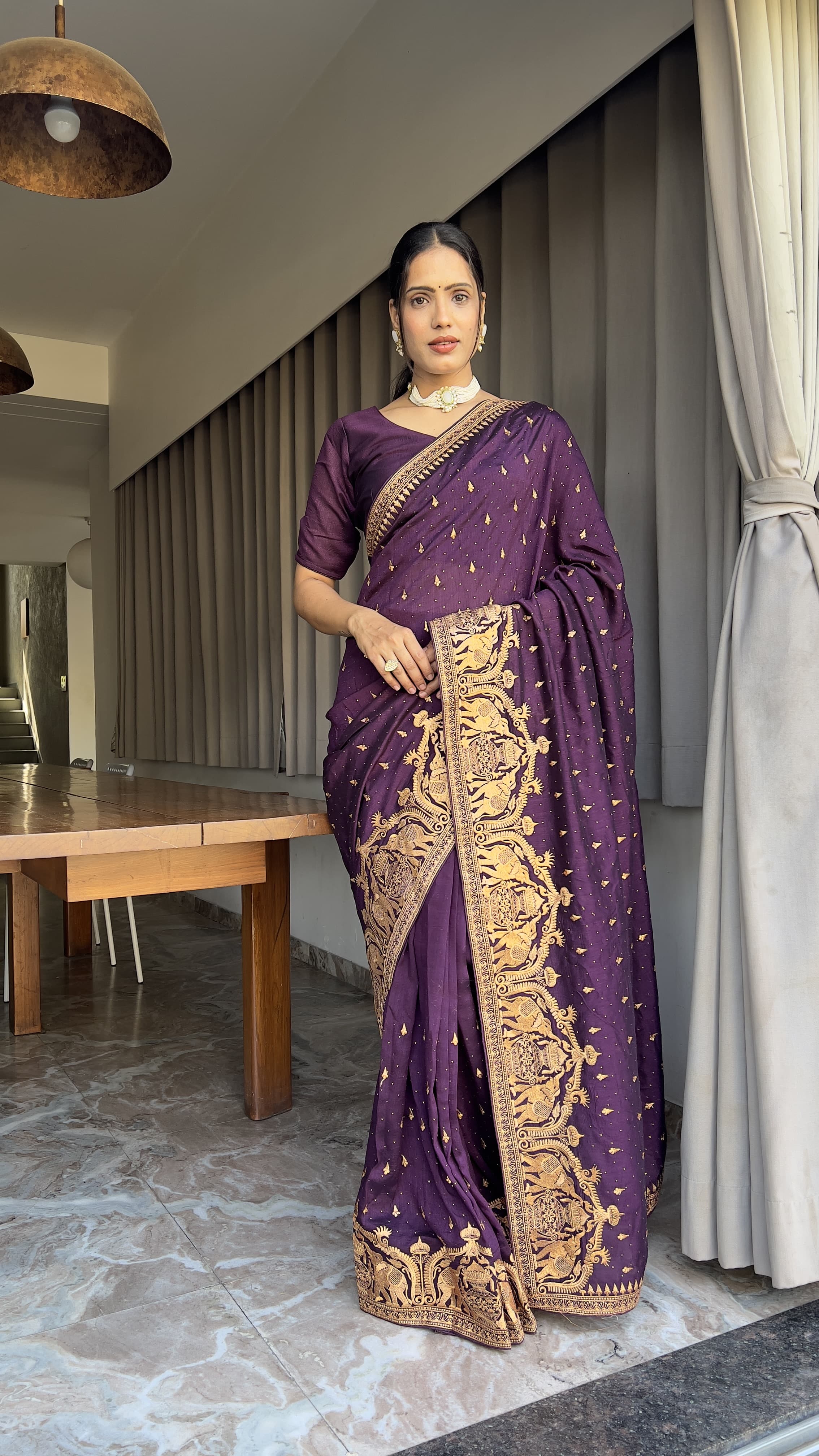 Designer Wine Color Wedding Saree Vichitra Silk Festival Sari Ready To Wear saree Indian Dress