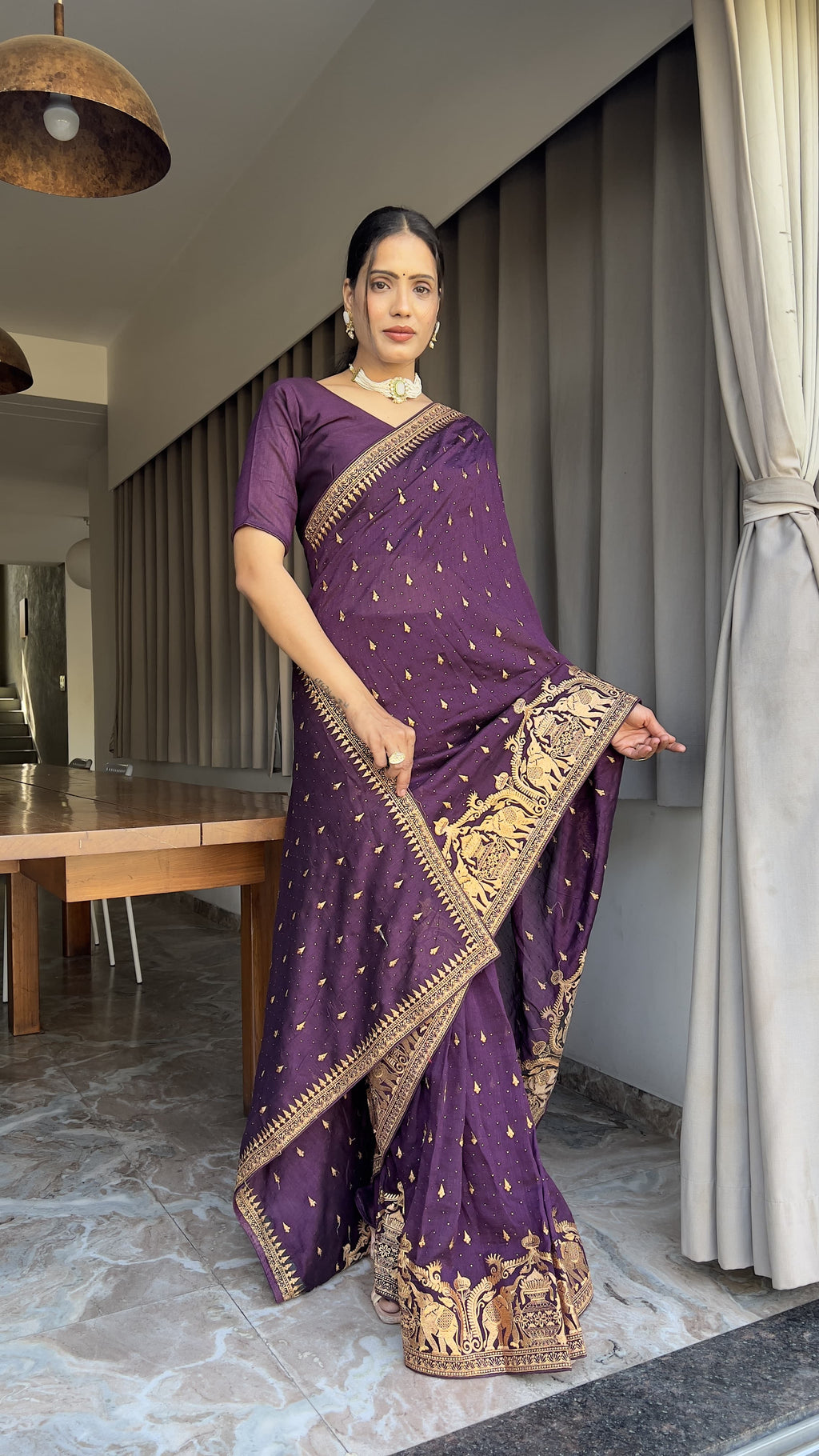 Designer Wine Color Wedding Saree Vichitra Silk Festival Sari Ready To Wear saree Indian Dress