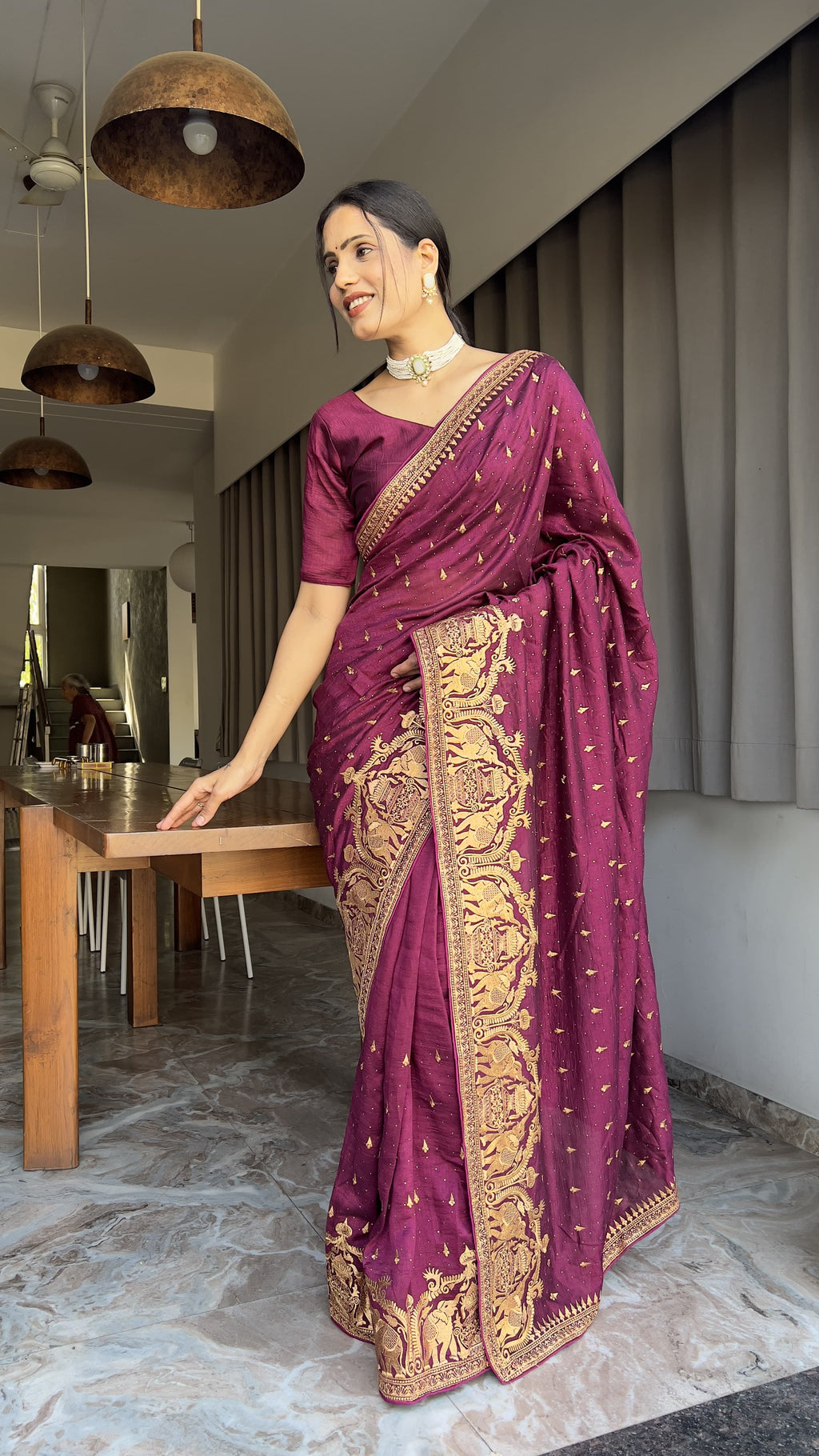 Designer Maroon Color Wedding Saree Vichitra Silk Festival Sari Ready To Wear saree Indian Dress