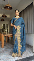Designer Blue Color Wedding Saree Vichitra Silk Festival Sari Ready To Wear saree Indian Dress