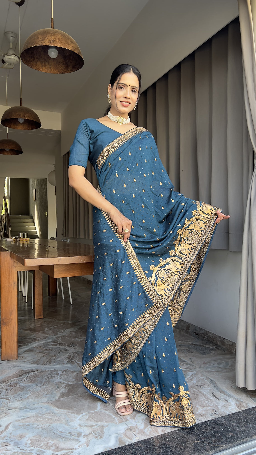 Designer Blue Color Wedding Saree Vichitra Silk Festival Sari Ready To Wear saree Indian Dress