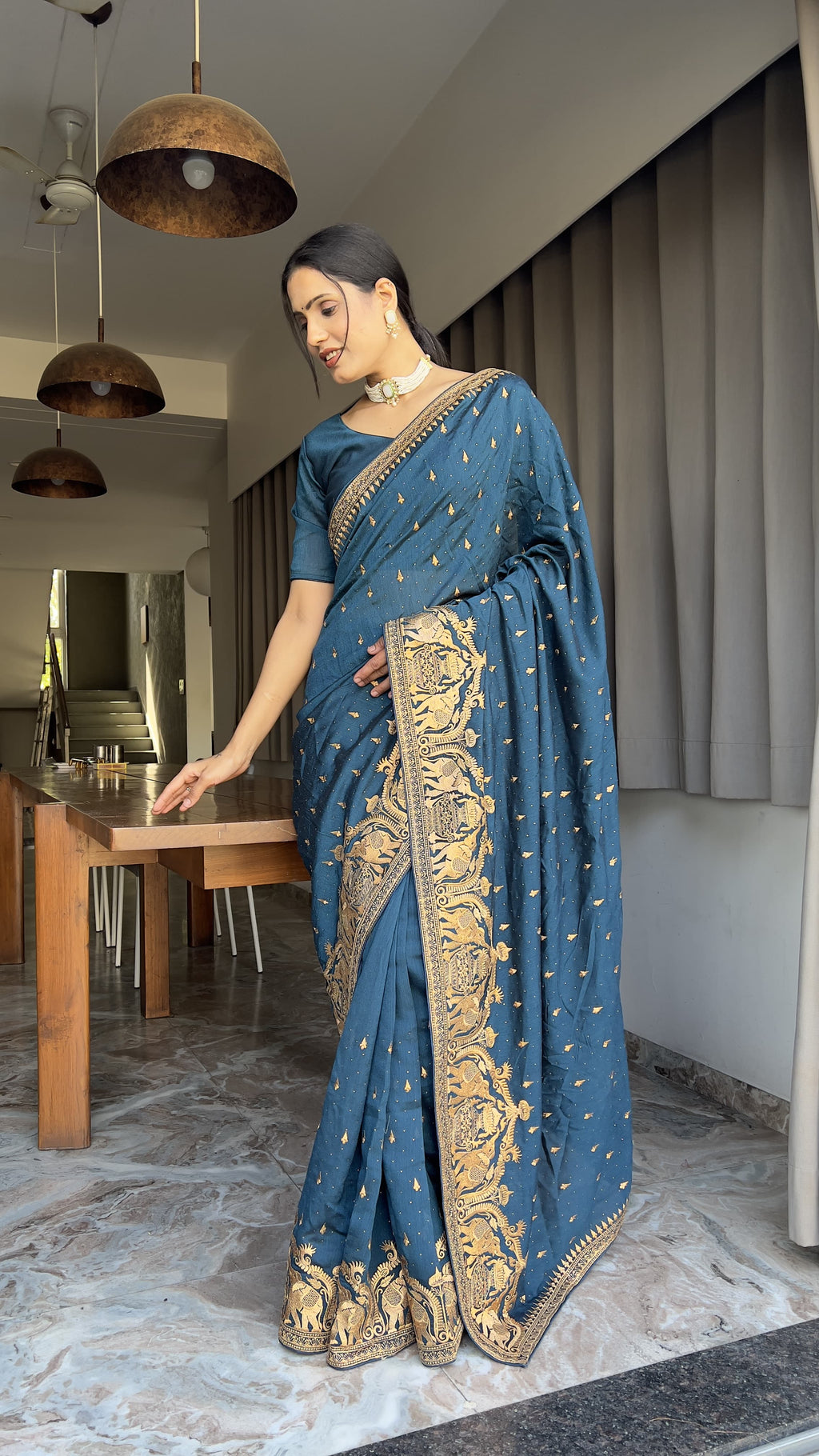 Designer Blue Color Wedding Saree Vichitra Silk Festival Sari Ready To Wear saree Indian Dress