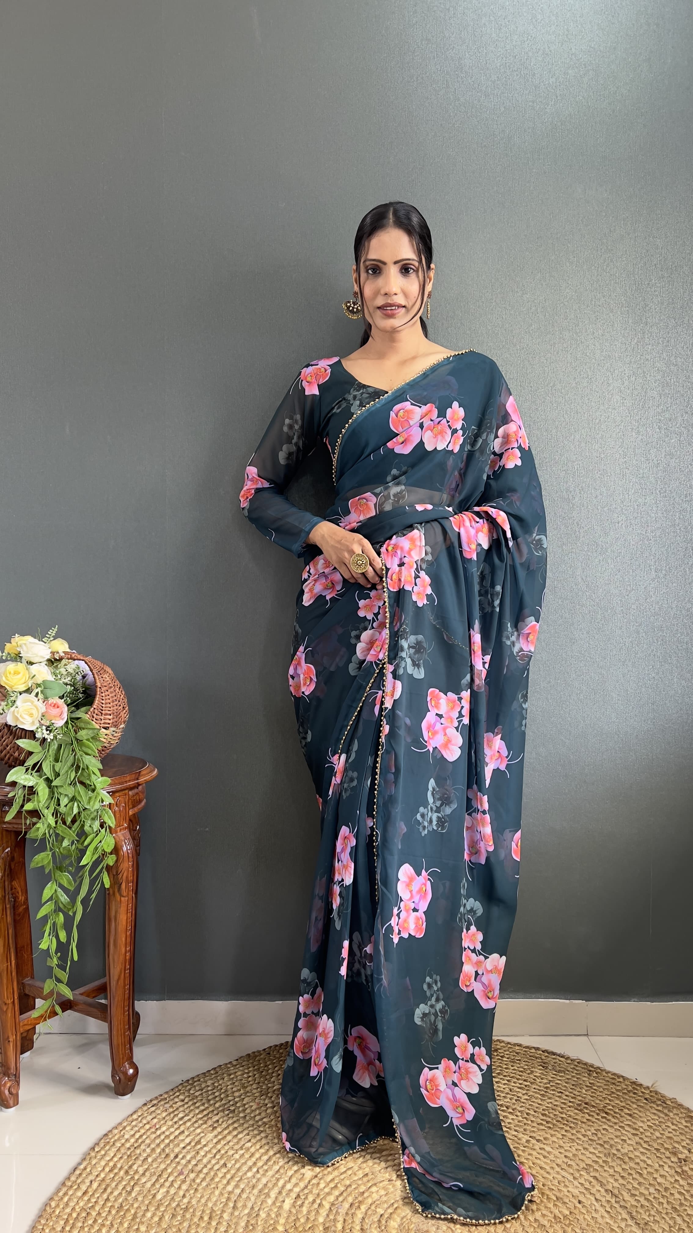 Partywear Floral Saree Ready To Wear saree Soft Georgette Wedding Dress