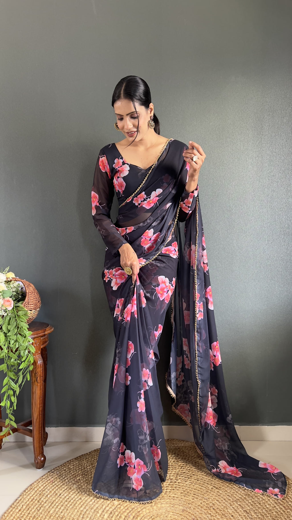 Partywear Floral Saree Ready To Wear saree Soft Georgette Wedding Dress