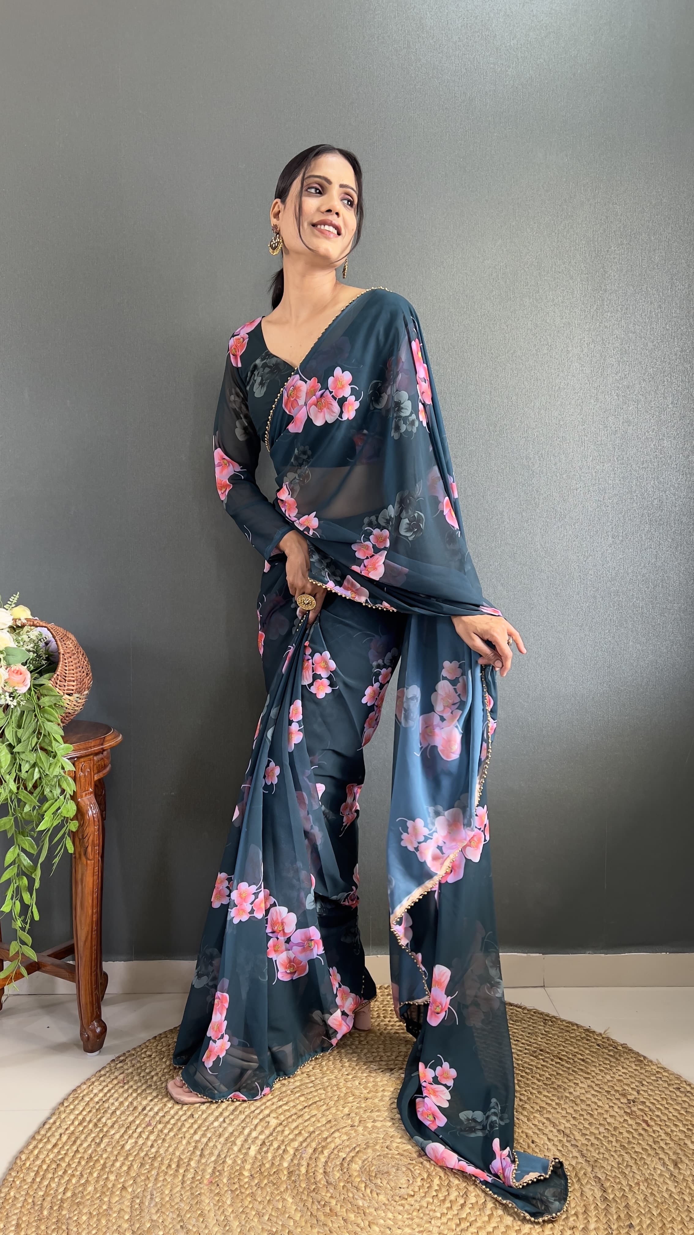 Partywear Floral Saree Ready To Wear saree Soft Georgette Wedding Dress