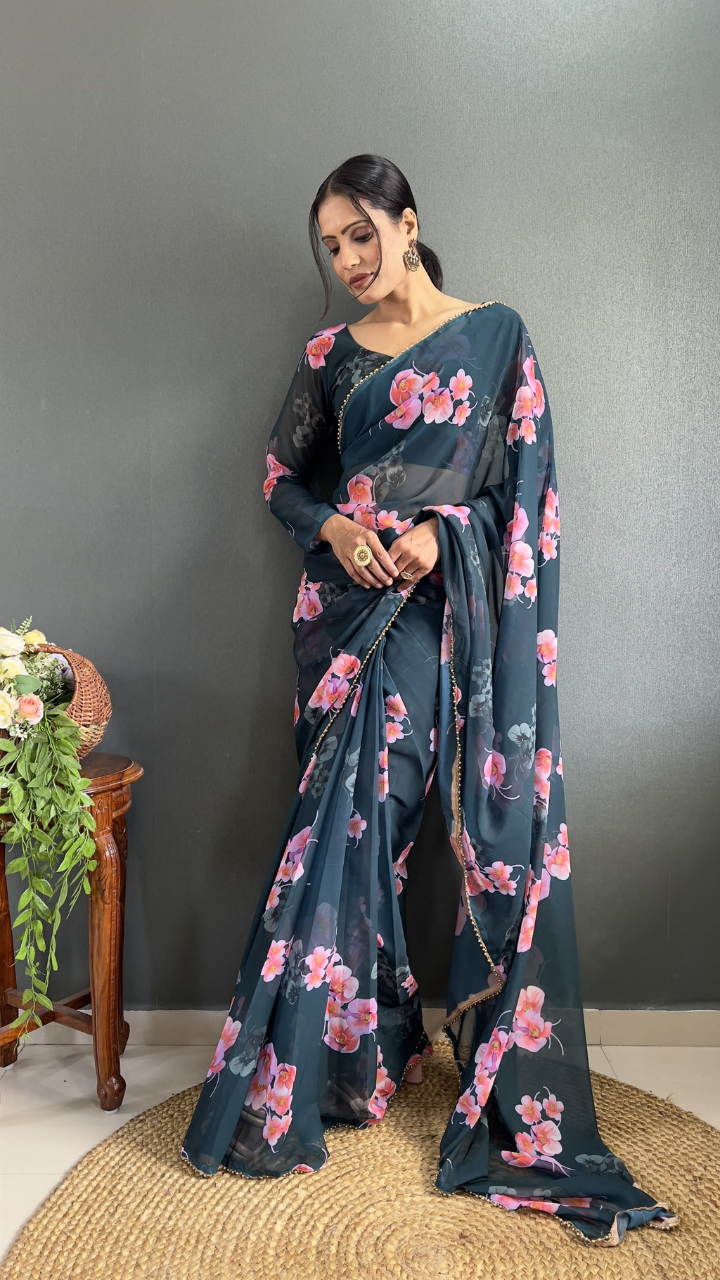 Partywear Floral Saree Ready To Wear saree Soft Georgette Wedding Dress