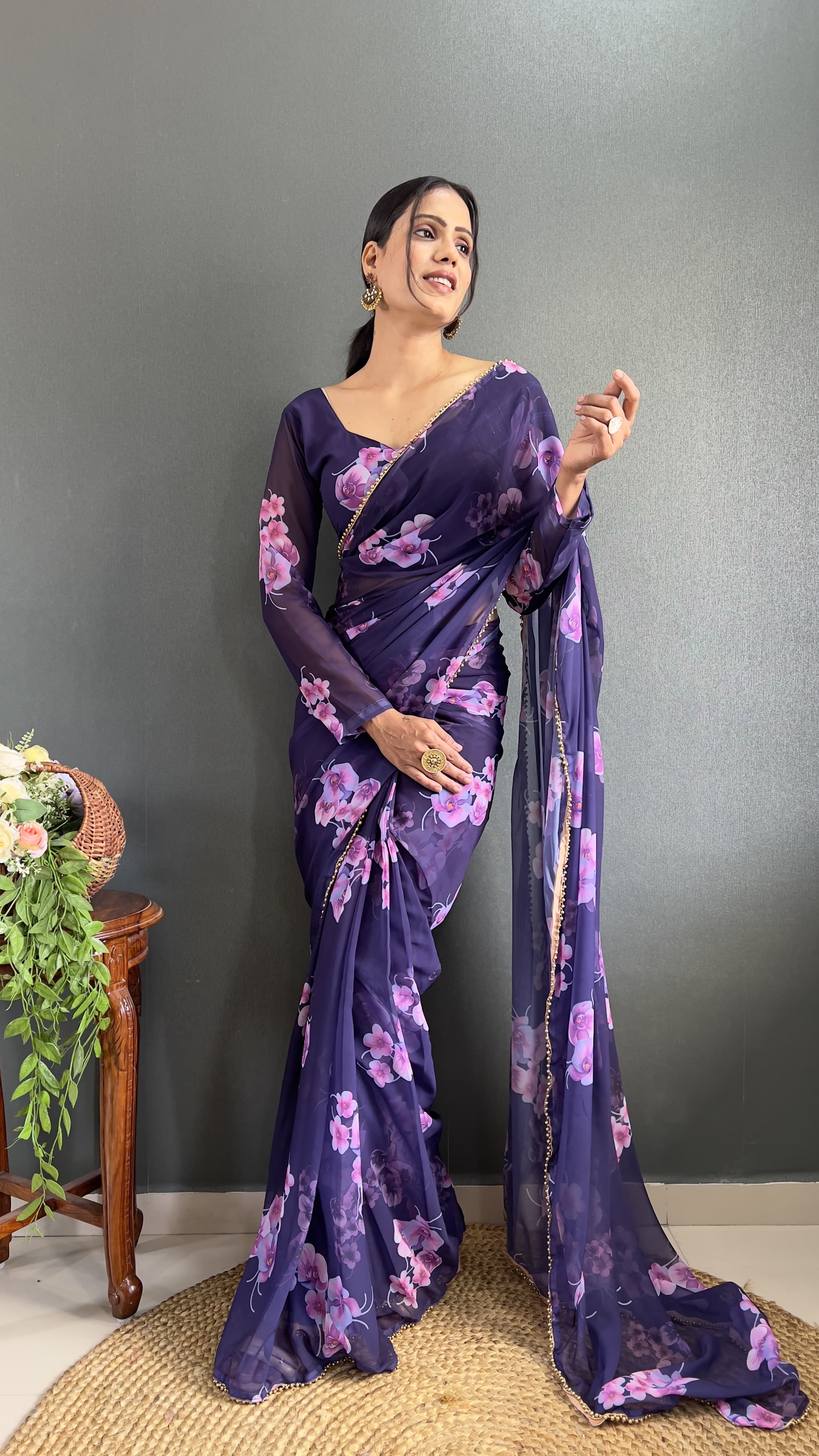 Partywear Floral Saree Ready To Wear saree Soft Georgette Wedding Dress
