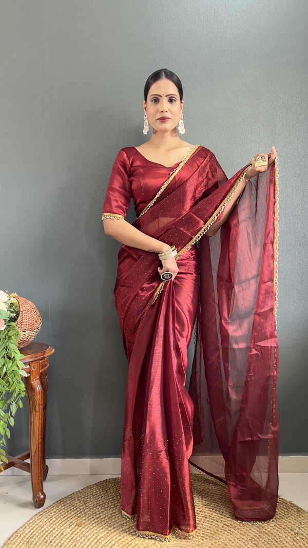 Wedding Wear Red Saree For Women Soft Burburry Silk Ready To Wear saree
