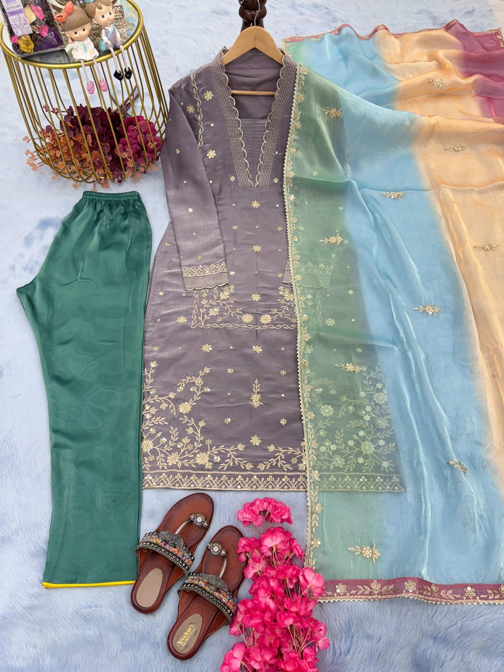 Designer Salwar Kameez Sequins Embroidery Work Pakistani Suit Straight Kurti Set
