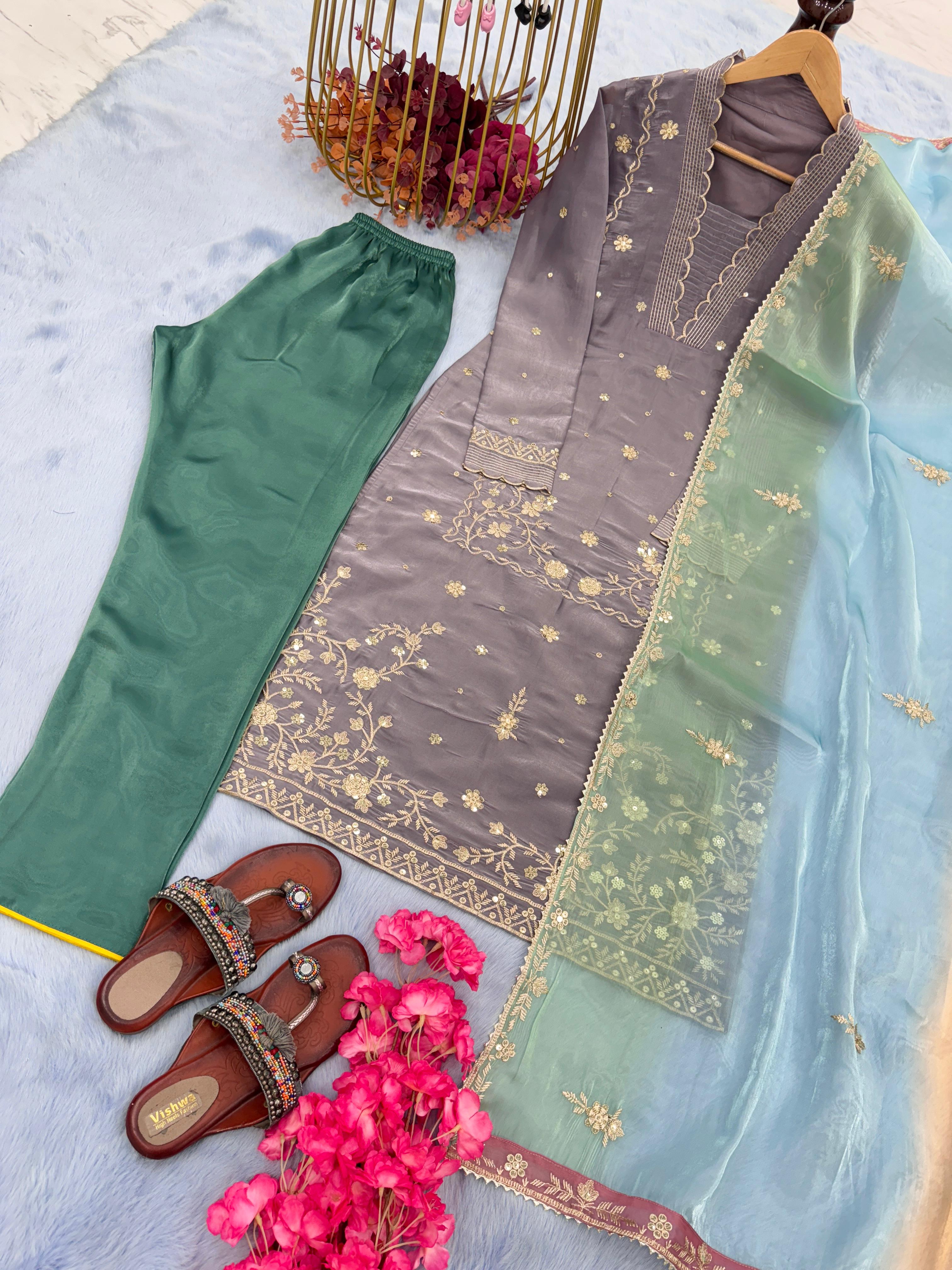 Designer Salwar Kameez Sequins Embroidery Work Pakistani Suit Straight Kurti Set