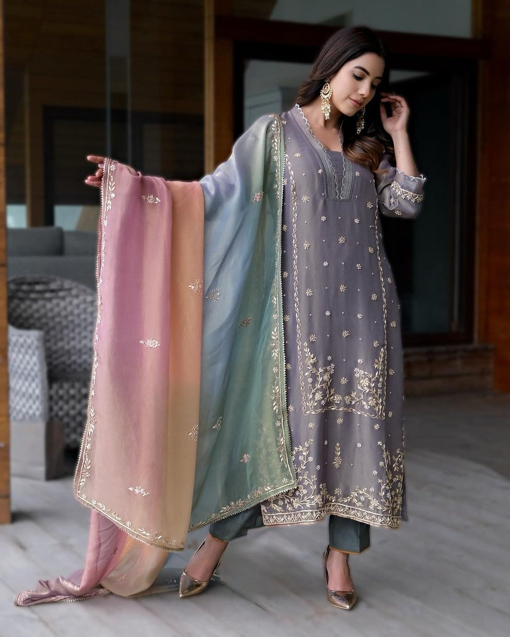 Designer Salwar Kameez Sequins Embroidery Work Pakistani Suit Straight Kurti Set