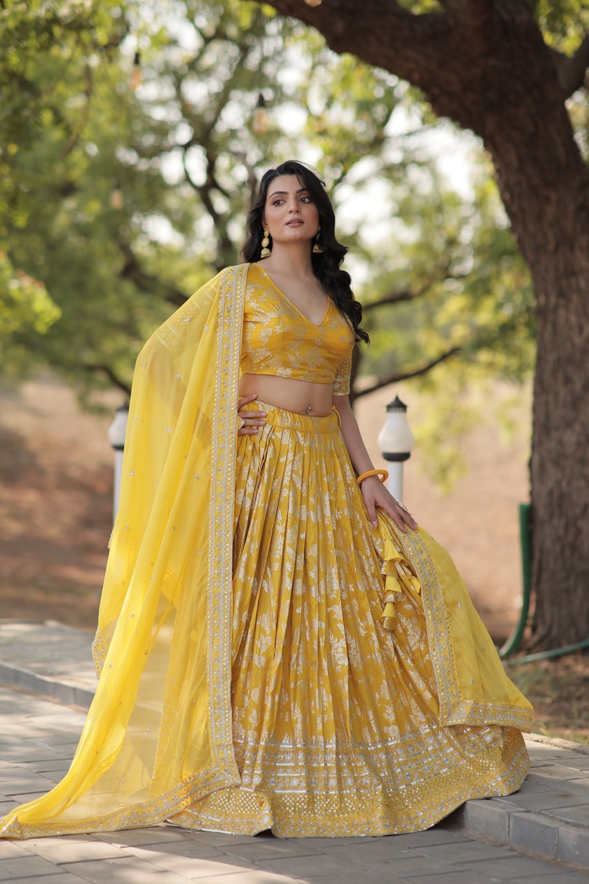 Designer Yellow lehenga Pure Viscose Jacquard Full Stitched Lehenga Choli Dupatta Set