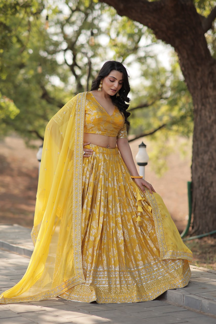 Designer Yellow lehenga Pure Viscose Jacquard Full Stitched Lehenga Choli Dupatta Set