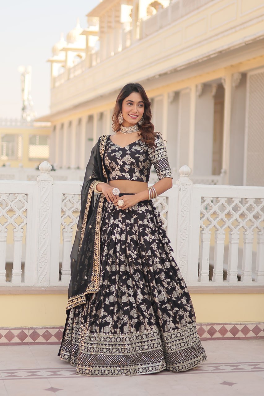 Black Designer lehenga Pure Viscose Jacquard Lehenga Choli Dupatta Set