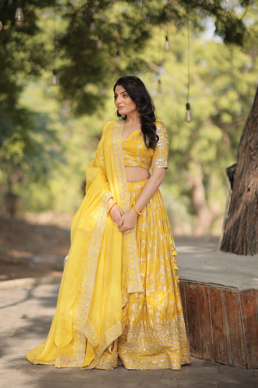 Designer Yellow lehenga Pure Viscose Jacquard Full Stitched Lehenga Choli Dupatta Set