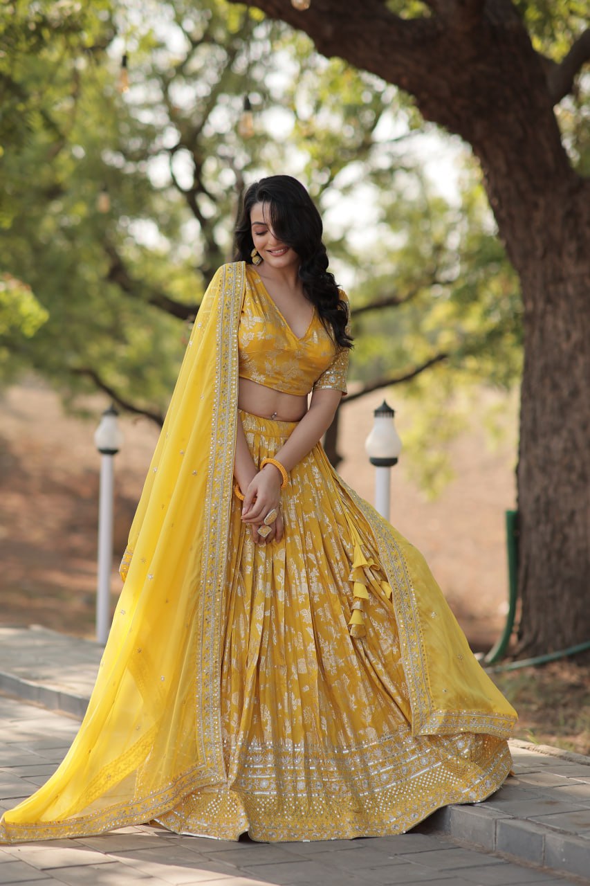 Designer Yellow lehenga Pure Viscose Jacquard Full Stitched Lehenga Choli Dupatta Set