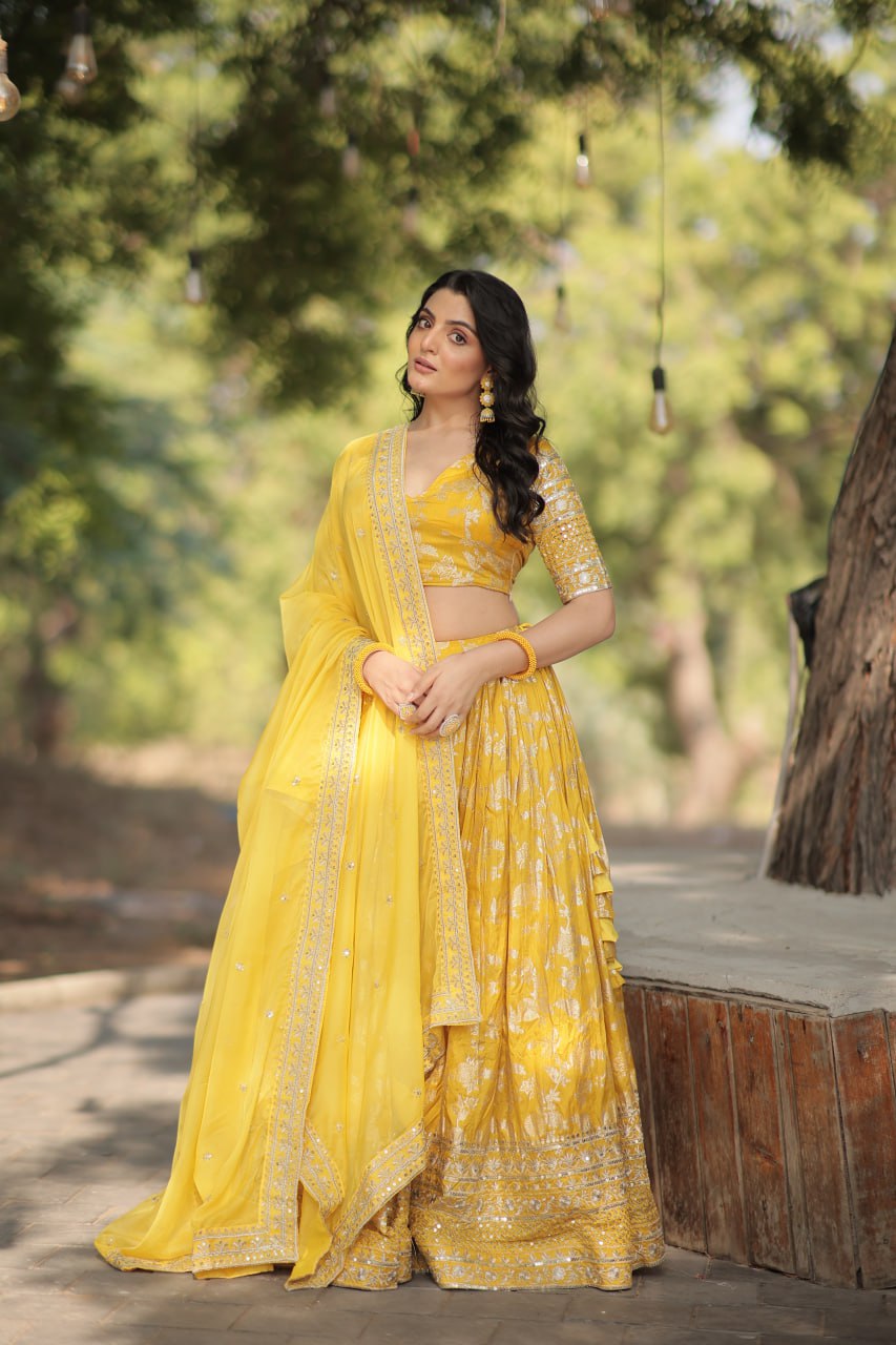 Designer Yellow lehenga Pure Viscose Jacquard Full Stitched Lehenga Choli Dupatta Set