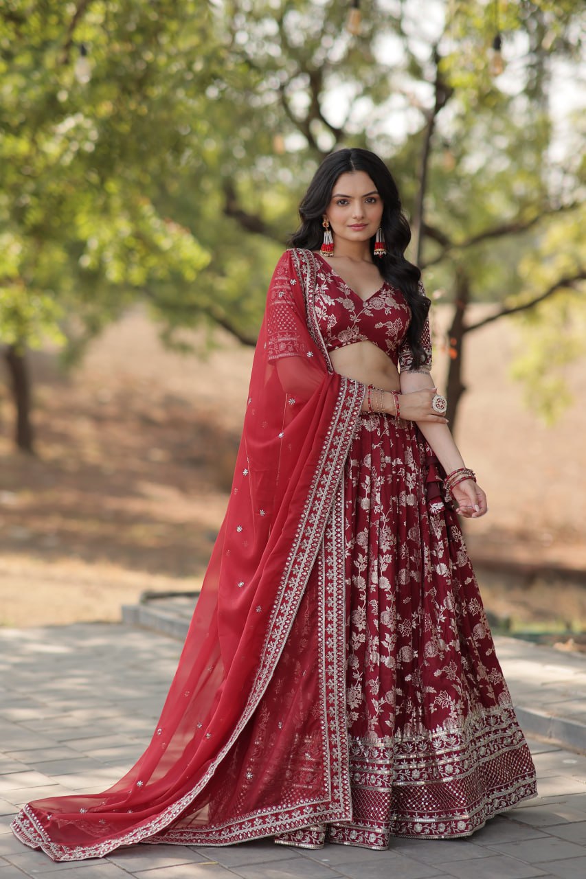 Designer Maroon lehenga Pure Viscose Jacquard Lehenga Choli Dupatta Set
