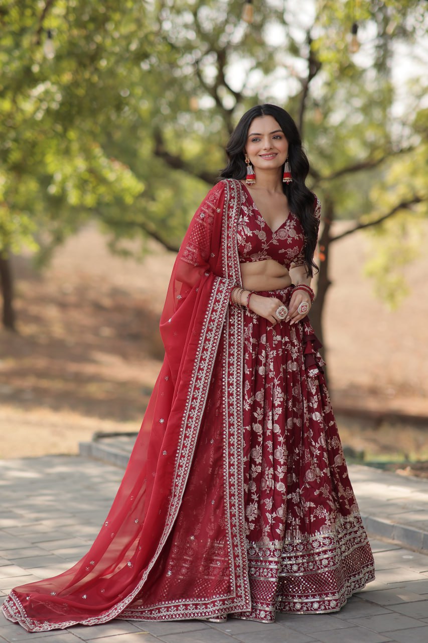 Designer Maroon lehenga Pure Viscose Jacquard Lehenga Choli Dupatta Set
