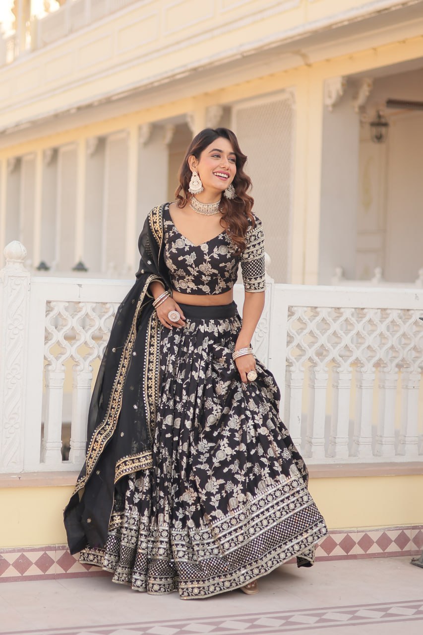 Black Designer lehenga Pure Viscose Jacquard Lehenga Choli Dupatta Set