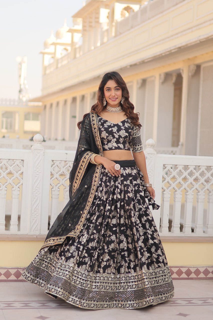 Black Designer lehenga Pure Viscose Jacquard Lehenga Choli Dupatta Set