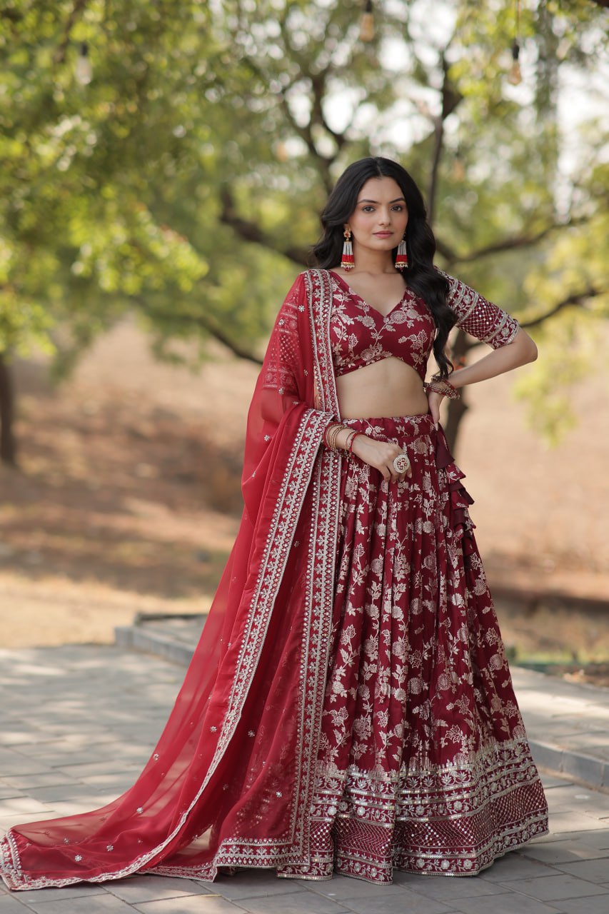 Designer Maroon lehenga Pure Viscose Jacquard Lehenga Choli Dupatta Set