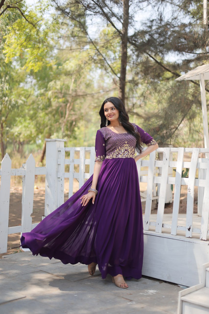 Purple Beautiful Gown With Zari Work Indian Traditional Wear