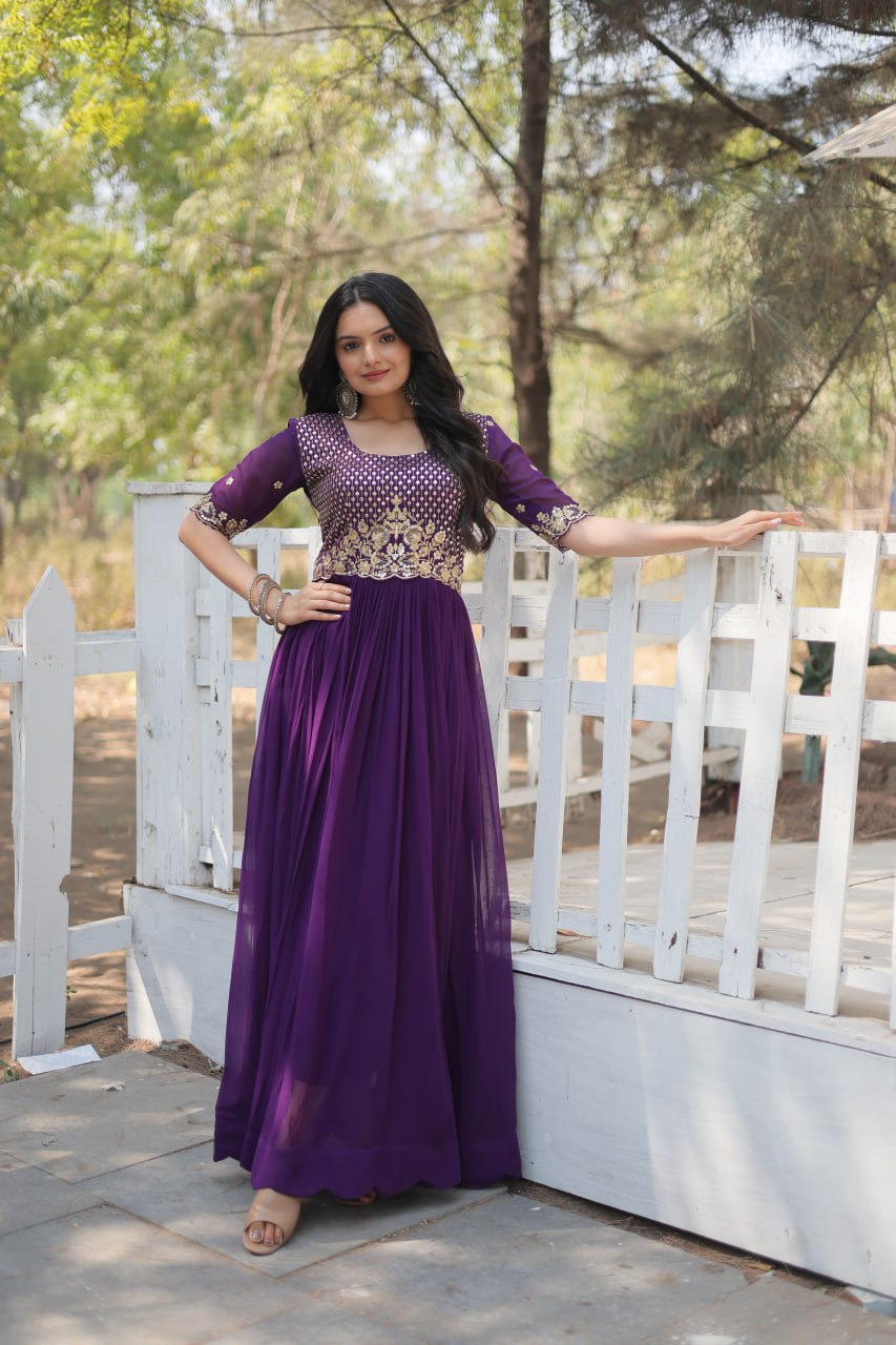 Purple Beautiful Gown With Zari Work Indian Traditional Wear