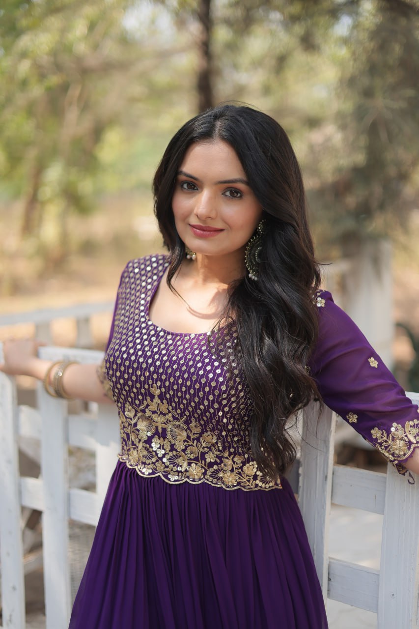 Purple Beautiful Gown With Zari Work Indian Traditional Wear