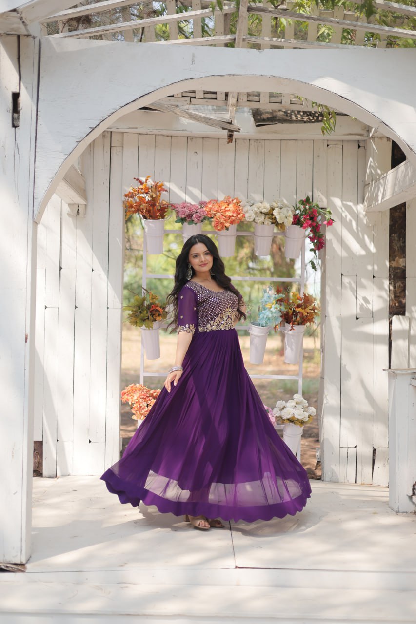 Purple Beautiful Gown With Zari Work Indian Traditional Wear