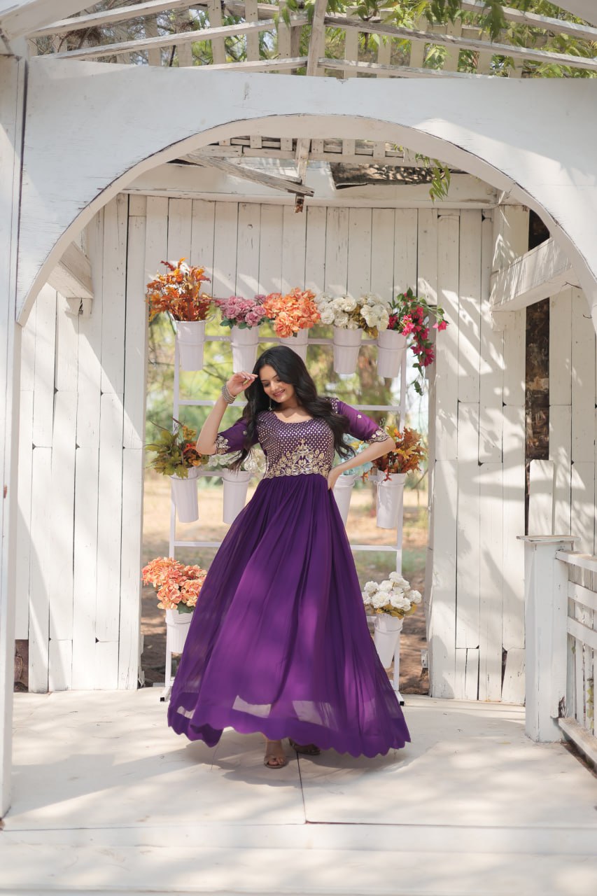 Purple Beautiful Gown With Zari Work Indian Traditional Wear