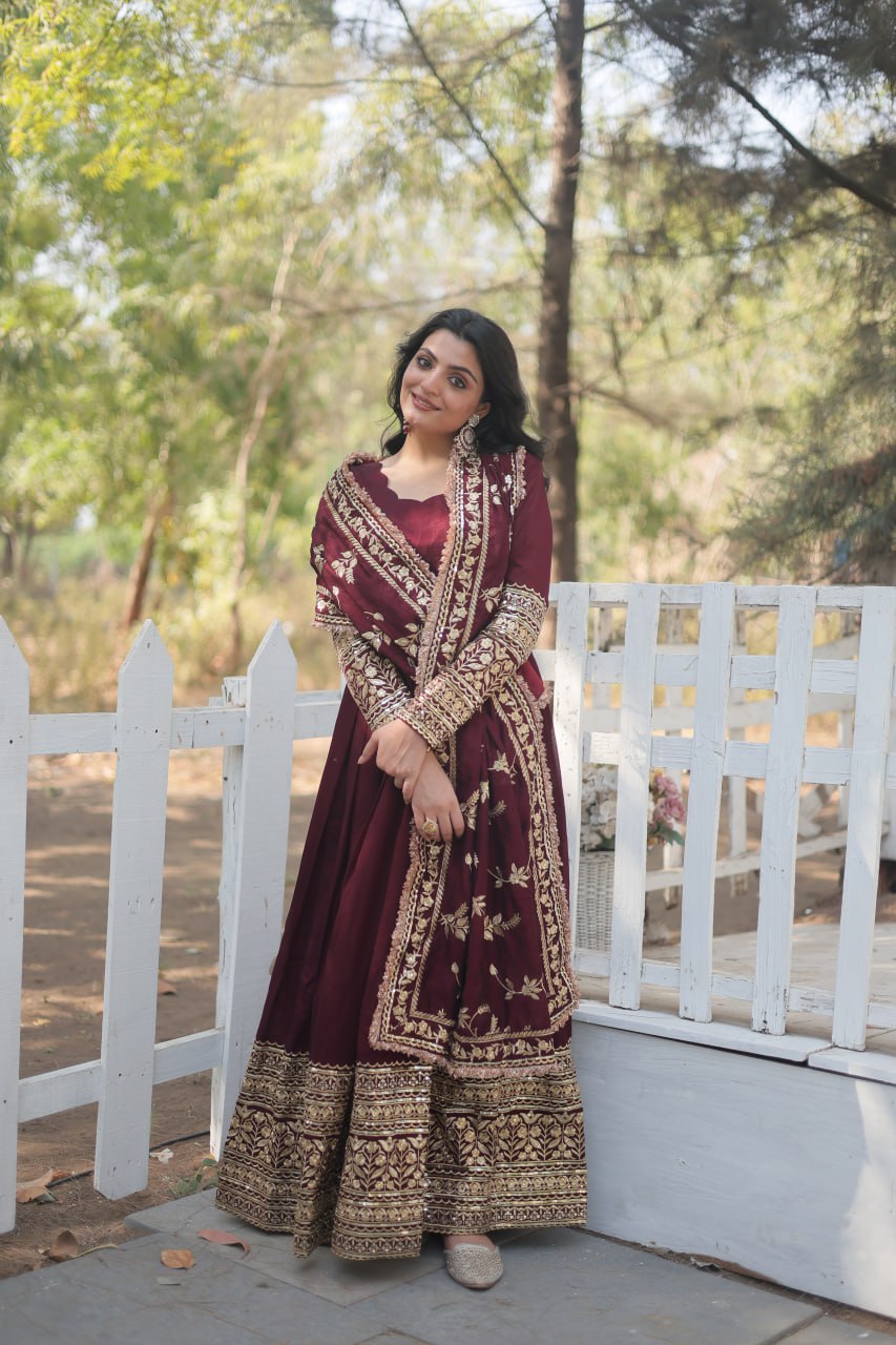 Beautiful Indian Traditional Wear Gown For Festival Gown With Pretty Embroidery Work