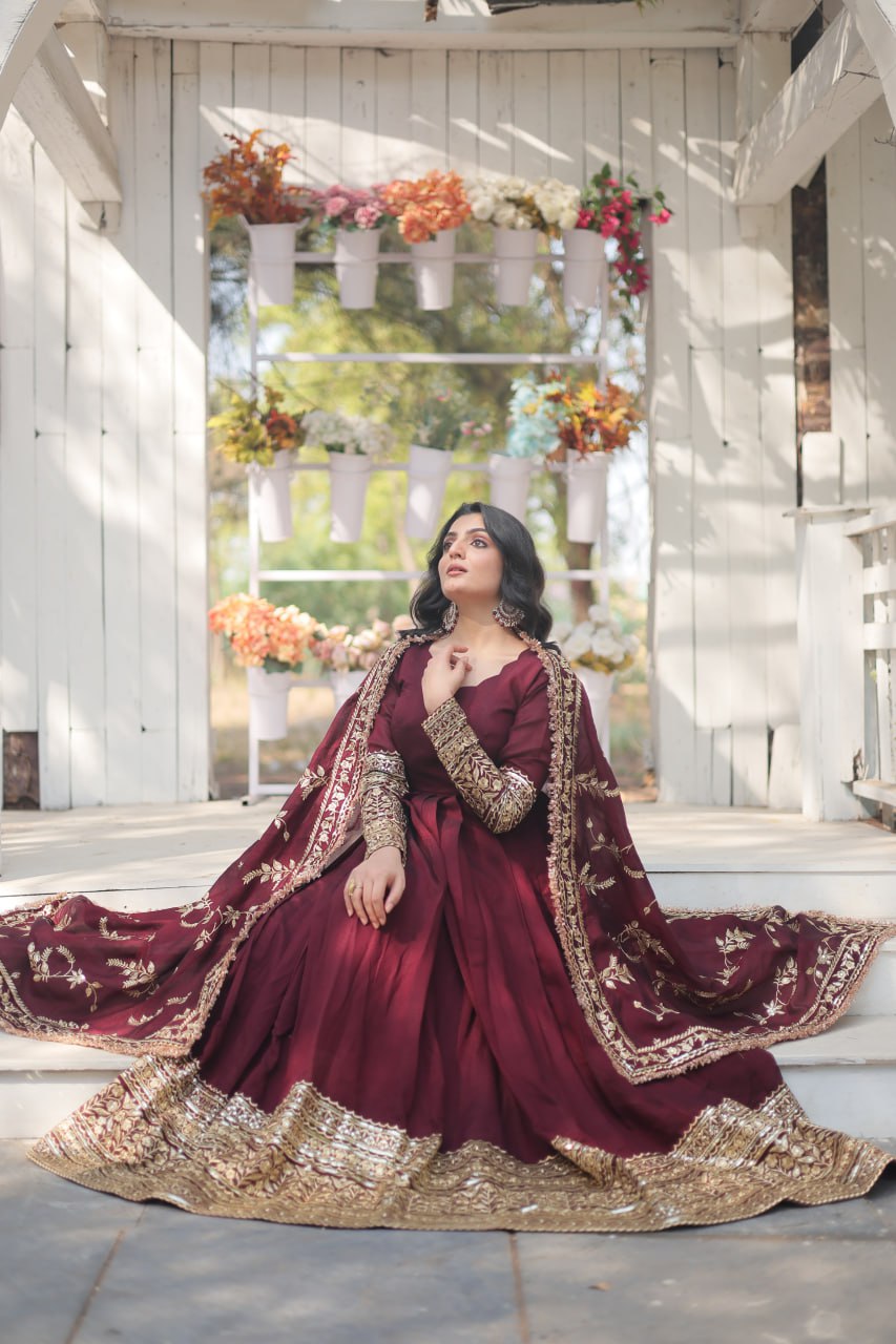 Beautiful Indian Traditional Wear Gown For Festival Gown With Pretty Embroidery Work