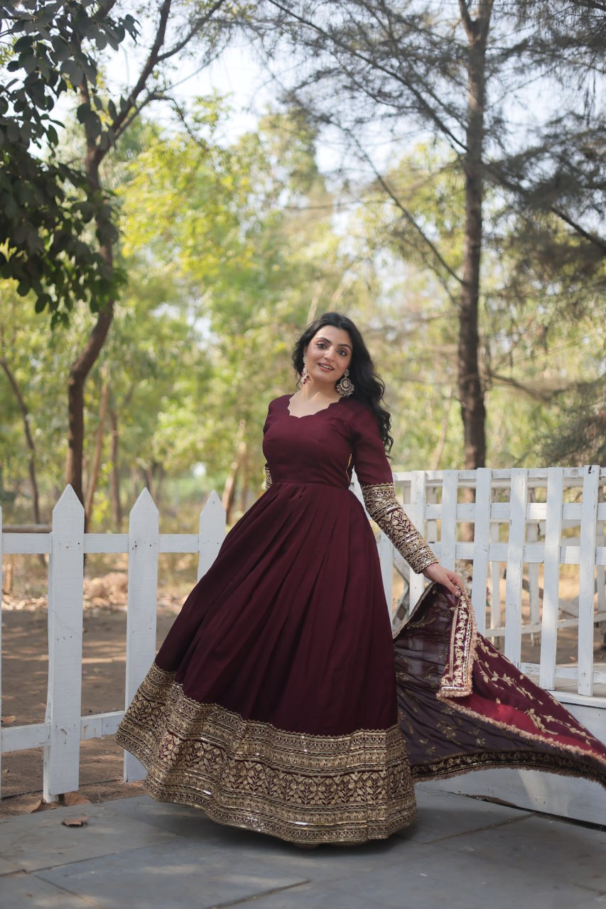 Beautiful Indian Traditional Wear Gown For Festival Gown With Pretty Embroidery Work