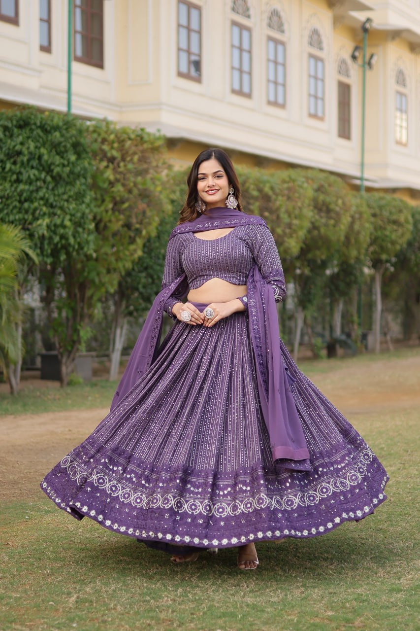 Designer Onion Coloured Faux Georgette Lehenga Choli With Dupatta Set