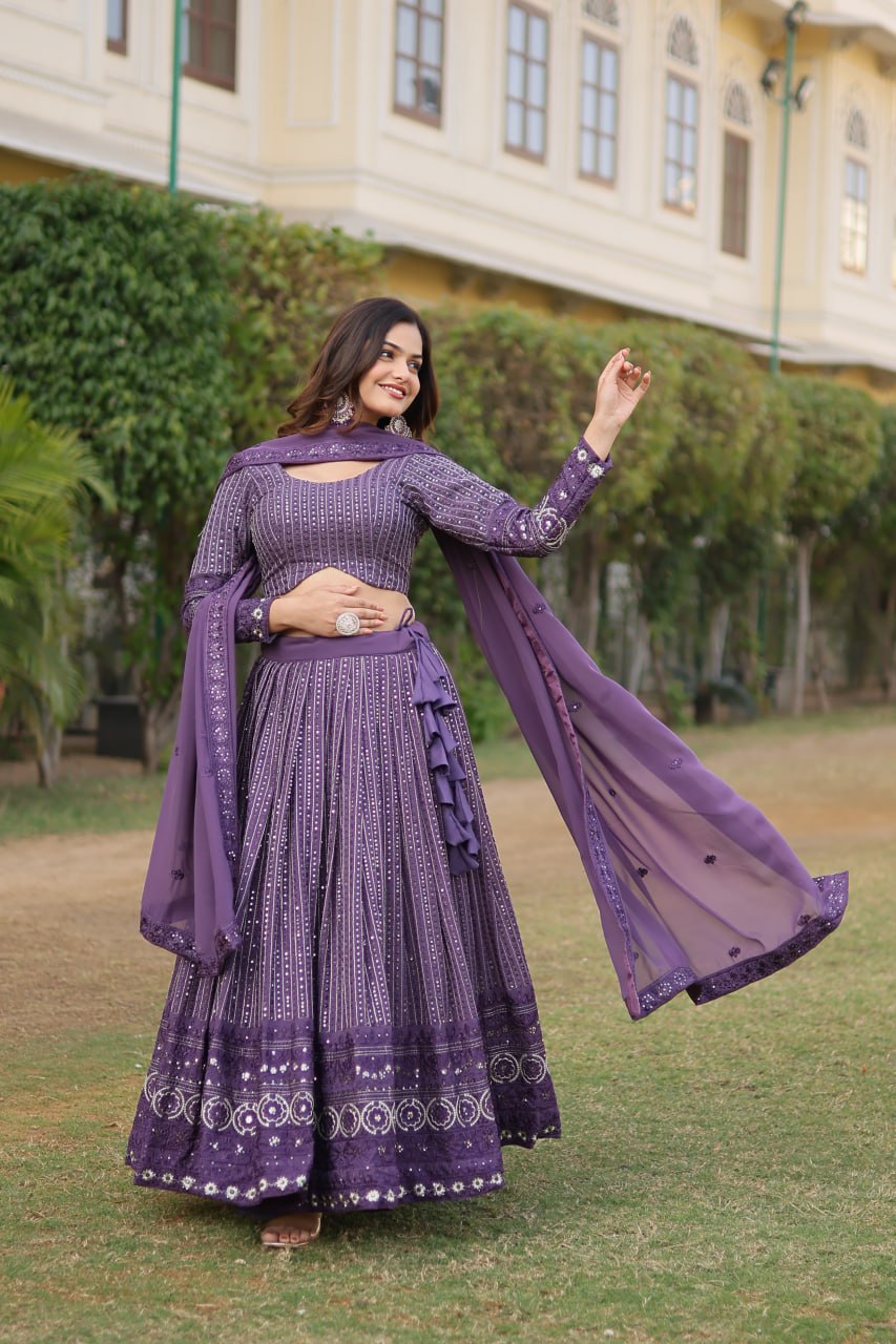 Designer Onion Coloured Faux Georgette Lehenga Choli With Dupatta Set